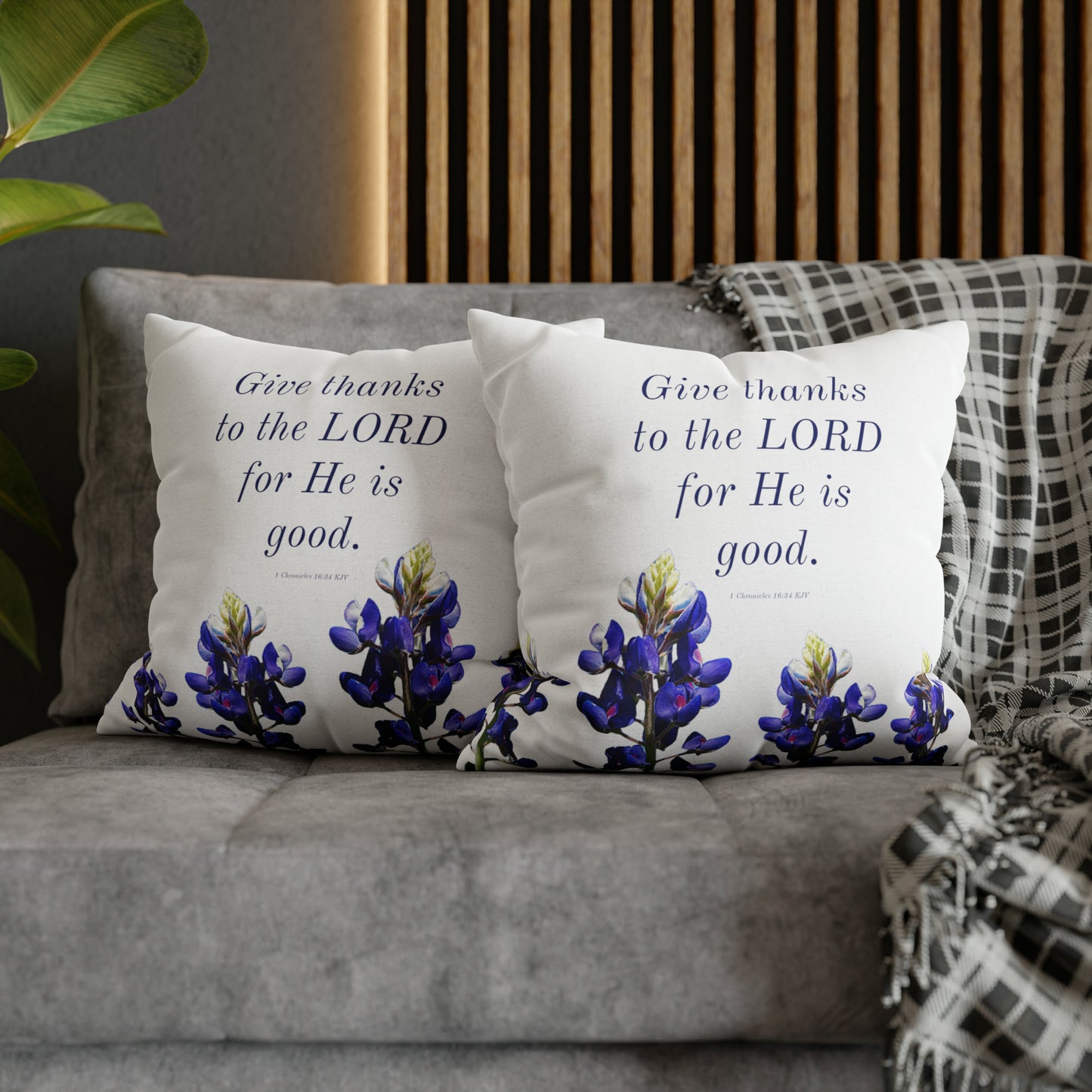 Spun Polyester Square Pillowcase - Give Thanks to the LORD - Bluebonnets