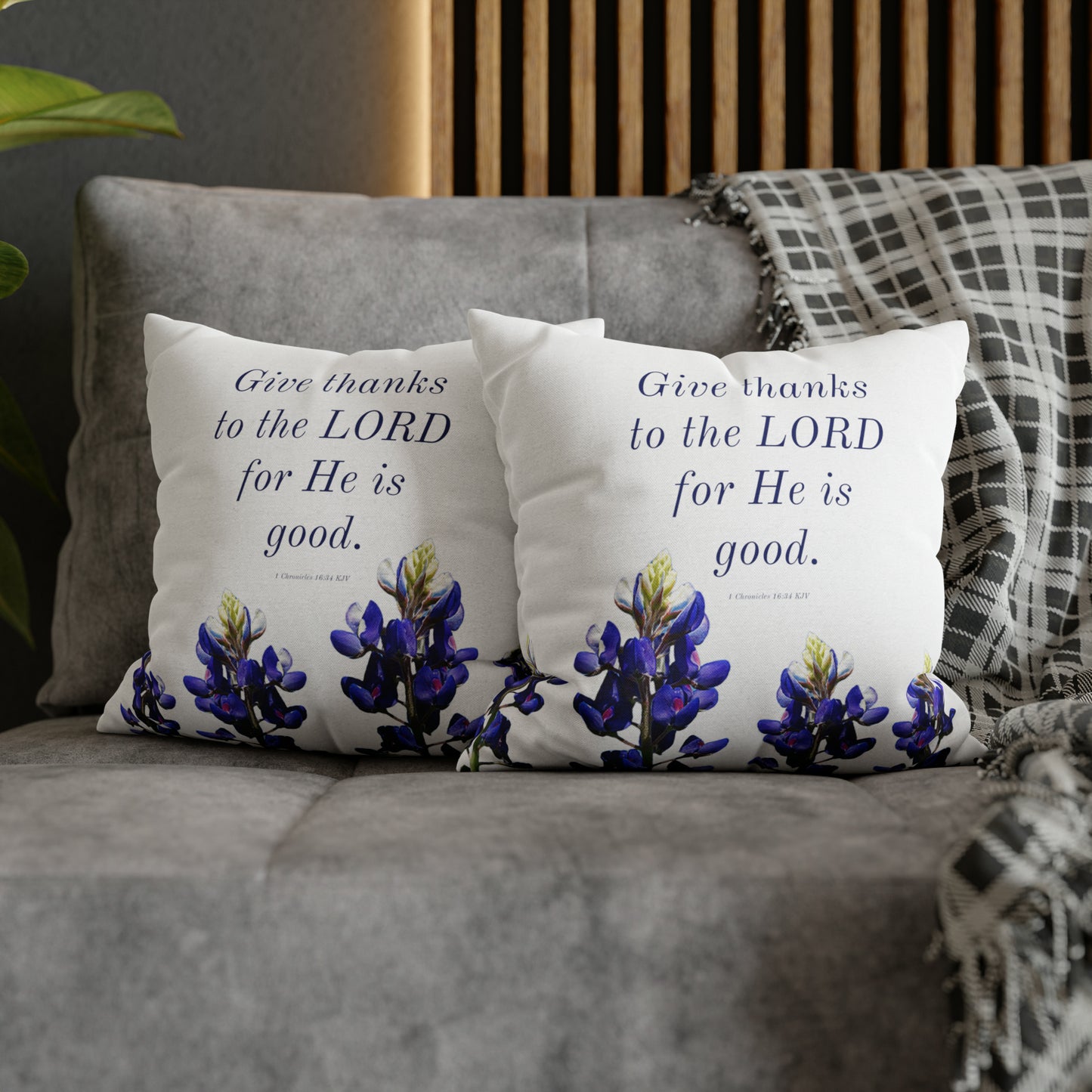 Spun Polyester Square Pillowcase - Give Thanks to the LORD - Bluebonnets