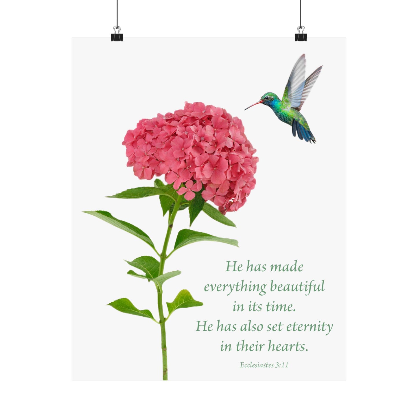 Inspirational Matte Vertical Poster - Beautiful Floral Design with Hummingbird and Ecclesiastes 3:11 Verse