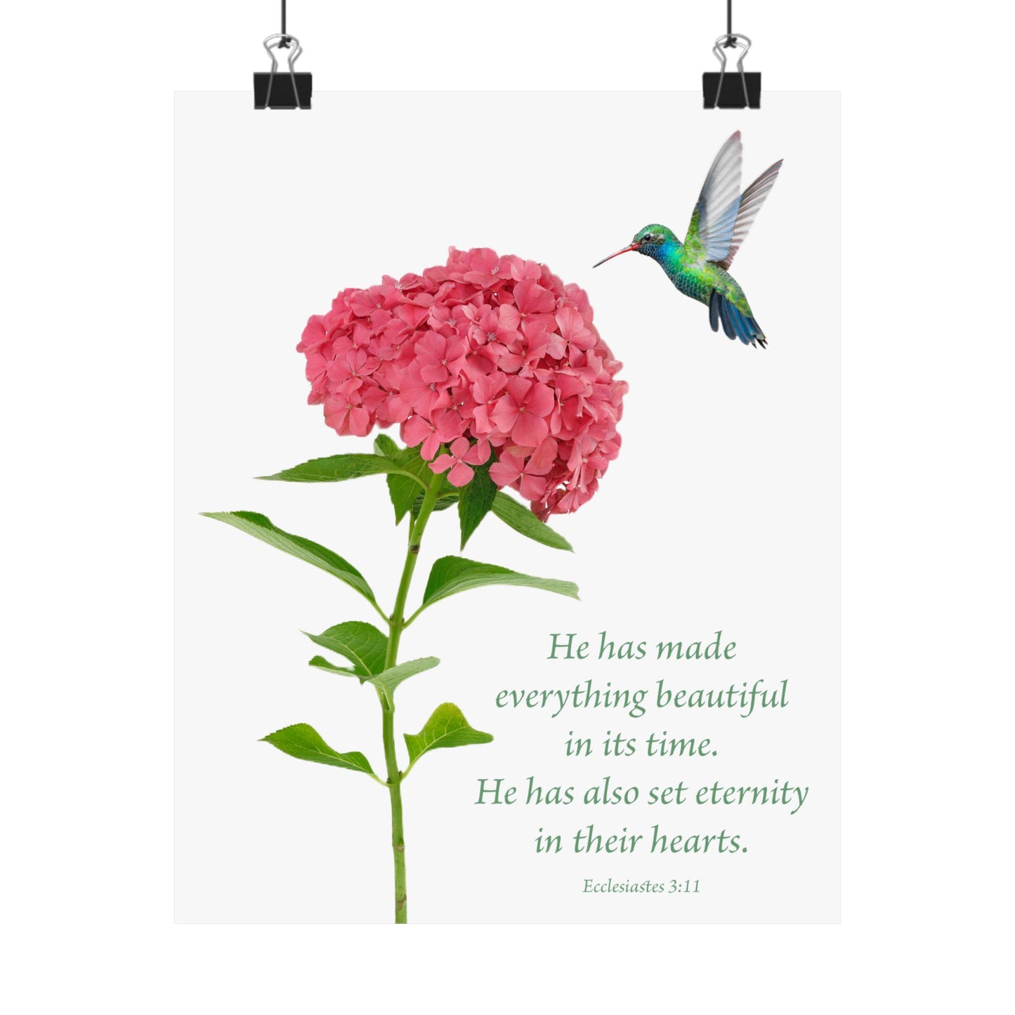 Inspirational Matte Vertical Poster - Beautiful Floral Design with Hummingbird and Ecclesiastes 3:11 Verse