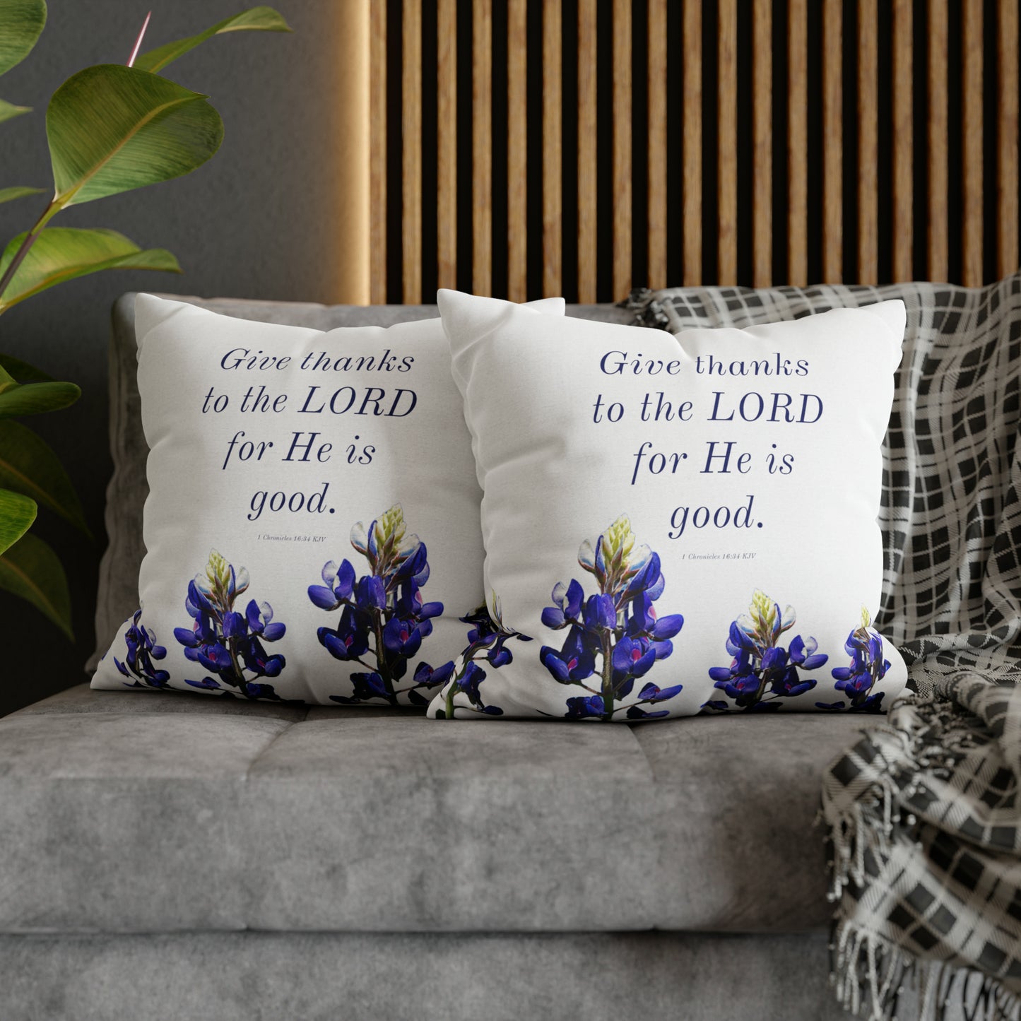 Spun Polyester Square Pillowcase - Give Thanks to the LORD - Bluebonnets