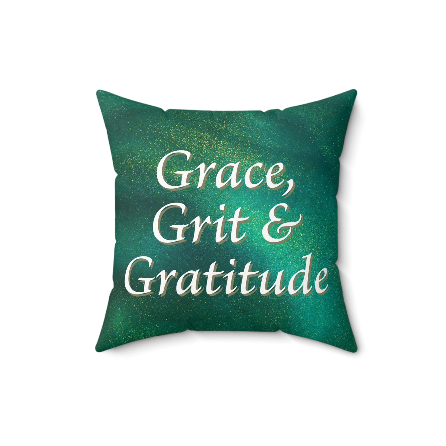 Spun Polyester Square Pillow - Grace, Grit, & Gratitude - Green & Gold Swirl Background