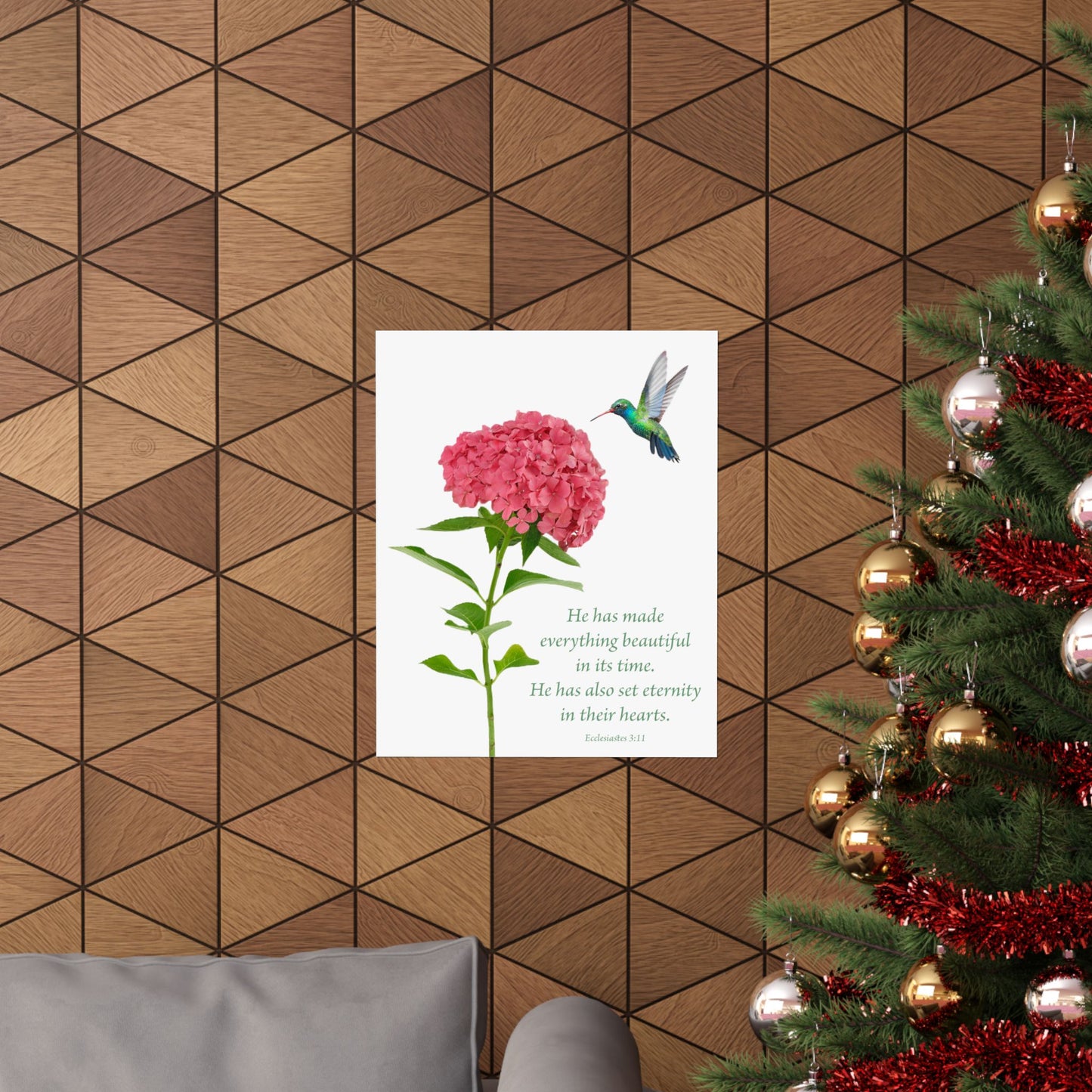 Inspirational Matte Vertical Poster - Beautiful Floral Design with Hummingbird and Ecclesiastes 3:11 Verse
