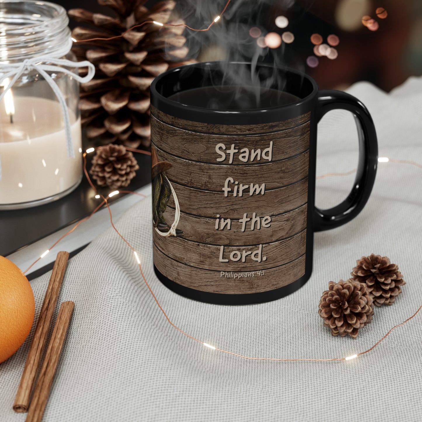 11oz Black Mug - Stand Firm in the Lord - Western Boots
