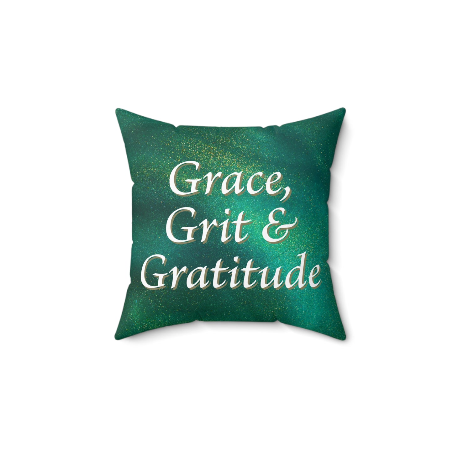 Spun Polyester Square Pillow - Grace, Grit, & Gratitude - Green & Gold Swirl Background