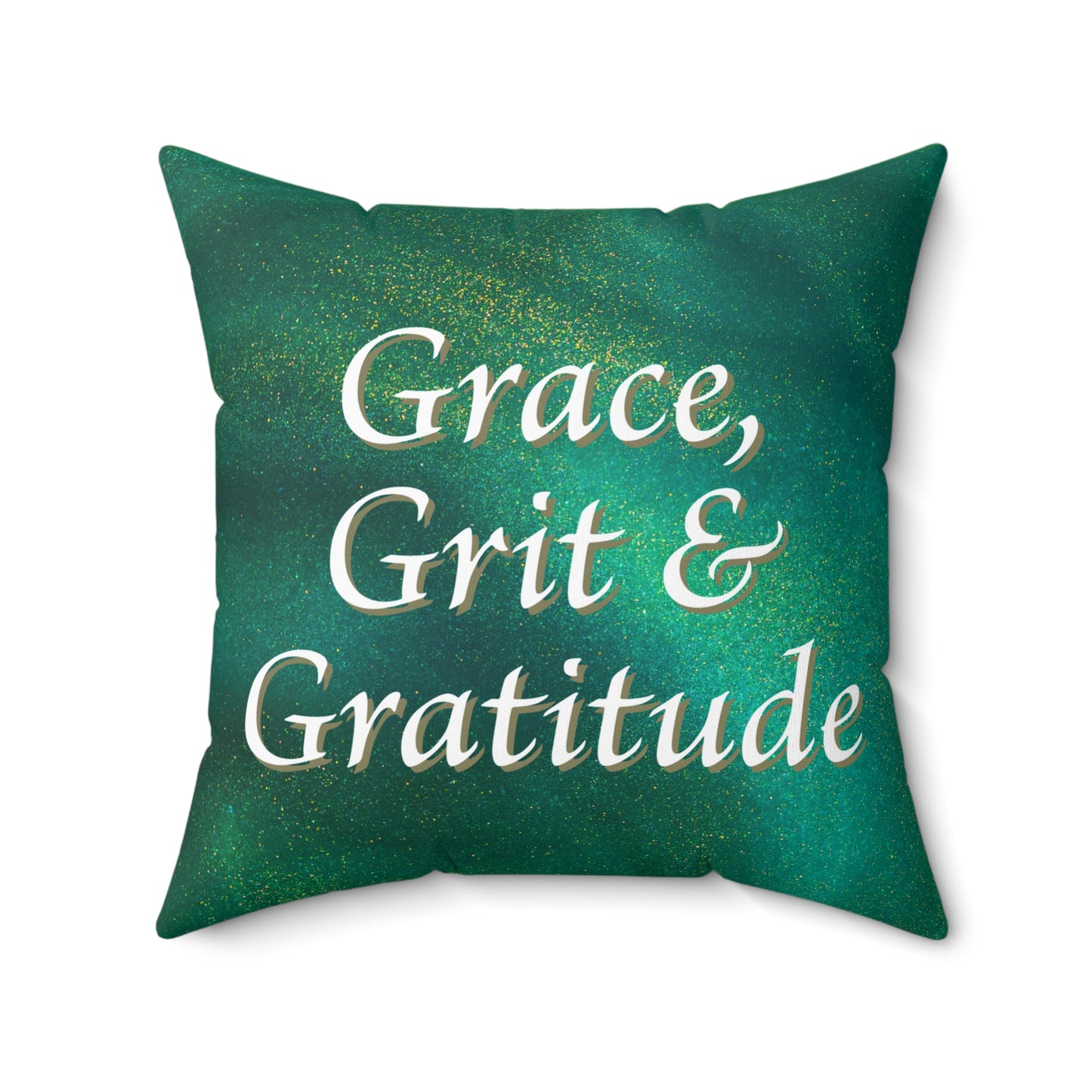 Spun Polyester Square Pillow - Grace, Grit, & Gratitude - Green & Gold Swirl Background