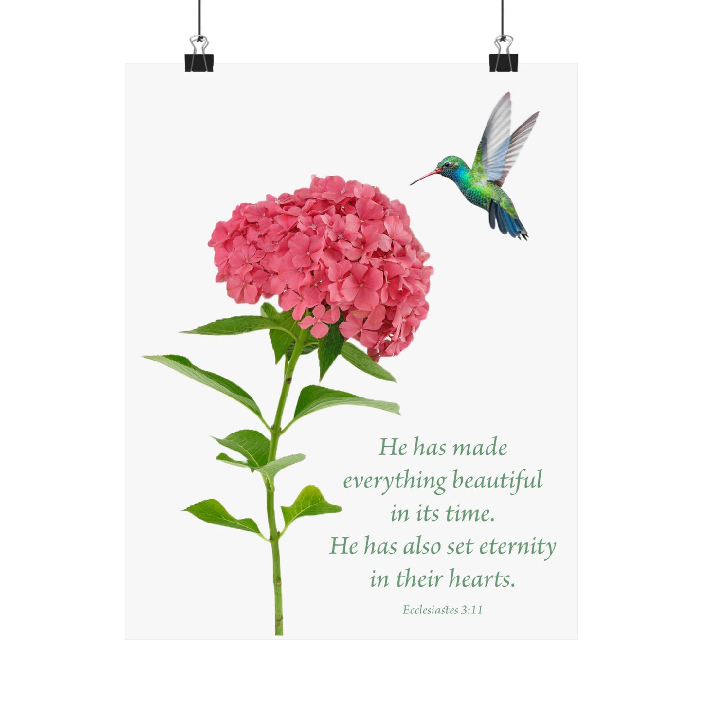 Inspirational Matte Vertical Poster - Beautiful Floral Design with Hummingbird and Ecclesiastes 3:11 Verse
